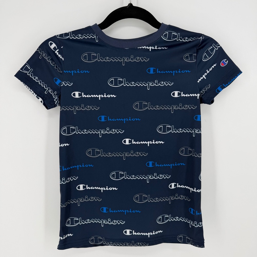 Champion Kids Navy Blue All Over Script Logo Performance T-Shirt Size 7/8 CHS242